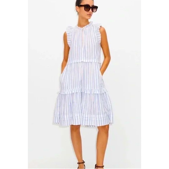 ME + EM | Striped frill-trim tiered cotton-blend dress in White/Blue, Size US 6 - Picture 12 of 13